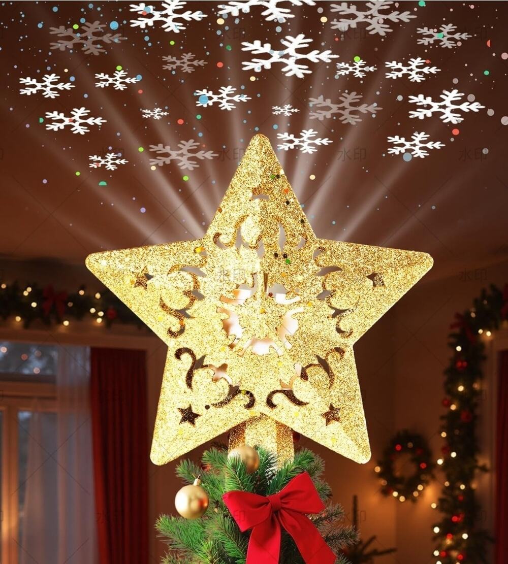 LED Christmas Tree Topper Projector Gold Star 360° Rotating Snowflake Light -...